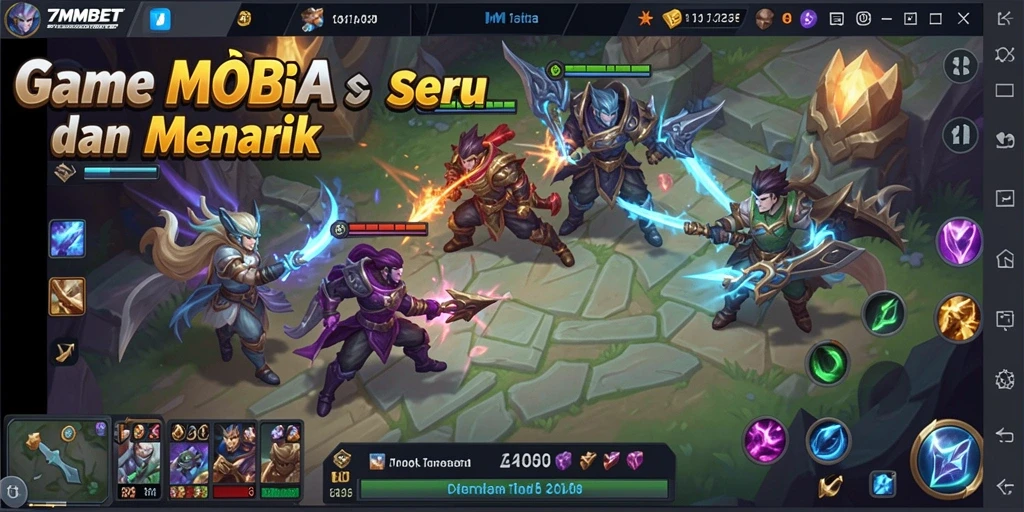 Tampilan gameplay 7MMBET dengan pahlawan bertarung di arena MOBA.