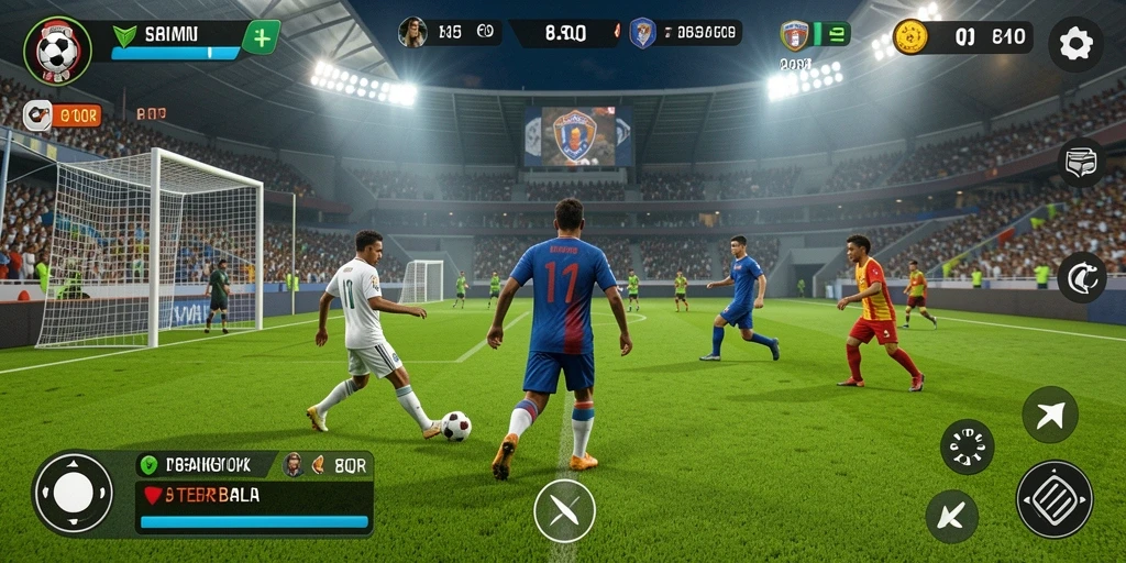 Screenshot gameplay dari 8QR yang menunjukkan aksi sepak bola seru.