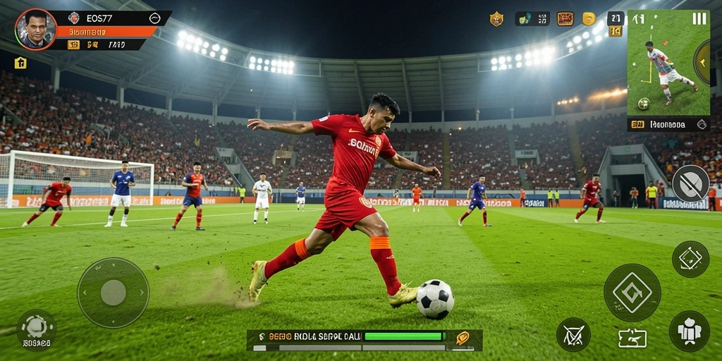 Tampilan gameplay sepak bola yang realistis dan mendebarkan.