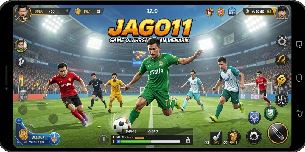Screenshot utama JAGO11 menunjukkan keseruan gameplay olahraga.