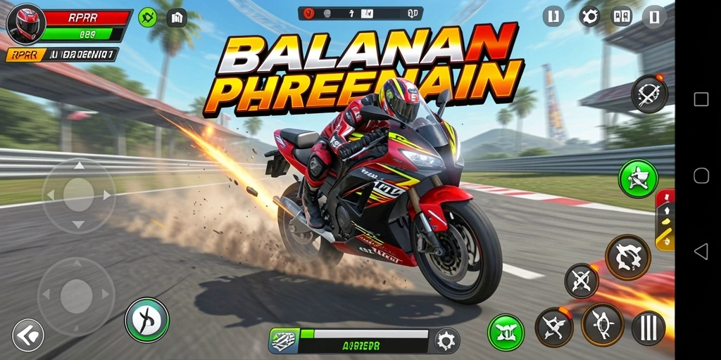 Screenshot utama RPRR menampilkan aksi balapan motor yang intens.